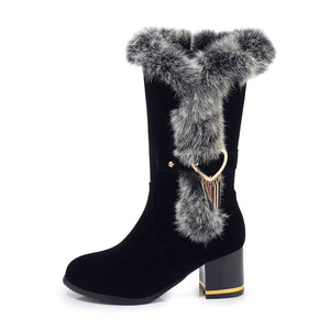 Women's fuzzy trim mid calf snow boots