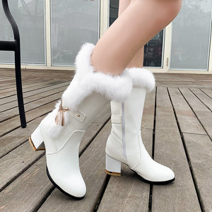 Women's fuzzy trim mid calf snow boots