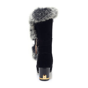 Women's fuzzy trim mid calf snow boots