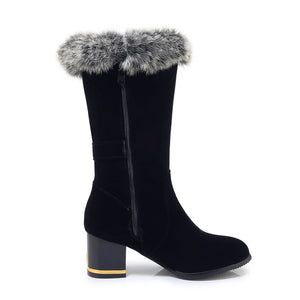 Women's fuzzy trim mid calf snow boots