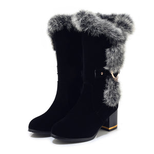 Women's fuzzy trim mid calf snow boots