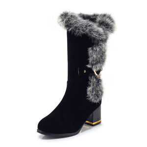 Women's fuzzy trim mid calf snow boots