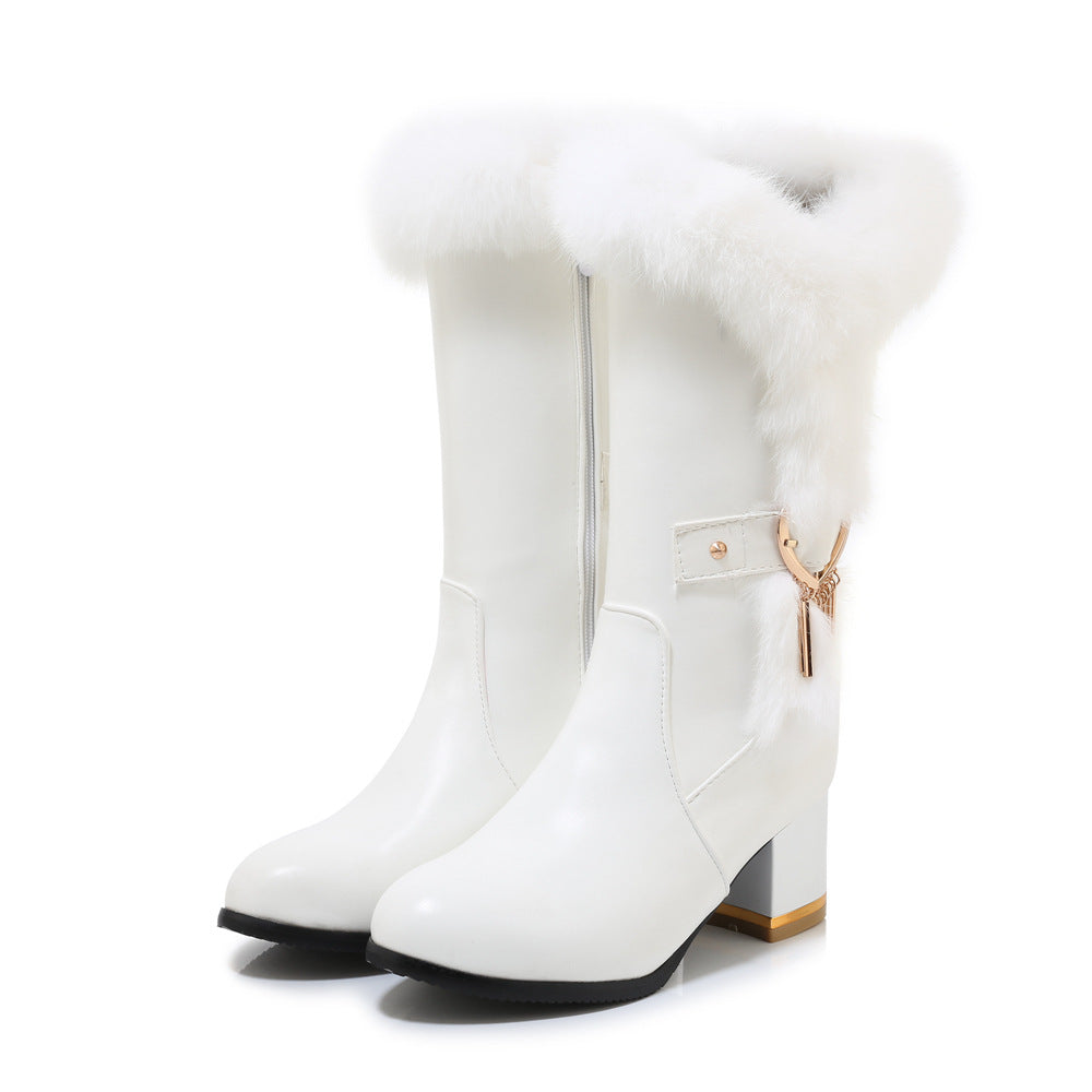 Women's fuzzy trim mid calf snow boots