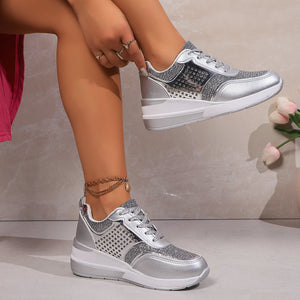 Women's glitter lace-up wedge heels sneakers - Lightweight shiny shoes for parties, weddings
