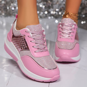 Women's glitter lace-up wedge heels sneakers - Lightweight shiny shoes for parties, weddings