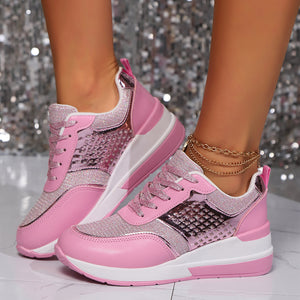 Women's glitter lace-up wedge heels sneakers - Lightweight shiny shoes for parties, weddings