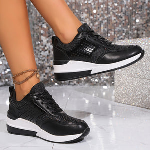 Women's glitter lace-up wedge heels sneakers - Lightweight shiny shoes for parties, weddings