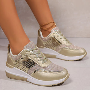 Women's glitter lace-up wedge heels sneakers - Lightweight shiny shoes for parties, weddings