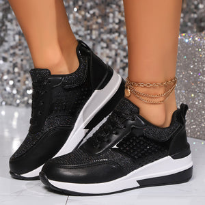 Women's glitter lace-up wedge heels sneakers - Lightweight shiny shoes for parties, weddings
