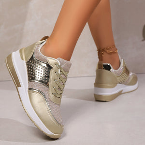 Women's glitter lace-up wedge heels sneakers - Lightweight shiny shoes for parties, weddings