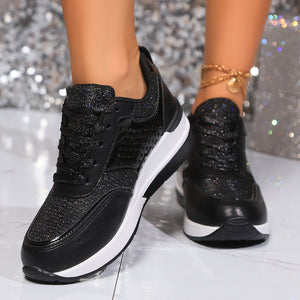 Women's glitter lace-up wedge heels sneakers - Lightweight shiny shoes for parties, weddings