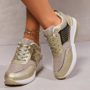 Women's glitter lace-up wedge heels sneakers - Lightweight shiny shoes for parties, weddings