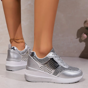 Women's glitter lace-up wedge heels sneakers - Lightweight shiny shoes for parties, weddings