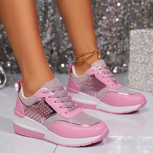 Women's glitter lace-up wedge heels sneakers - Lightweight shiny shoes for parties, weddings