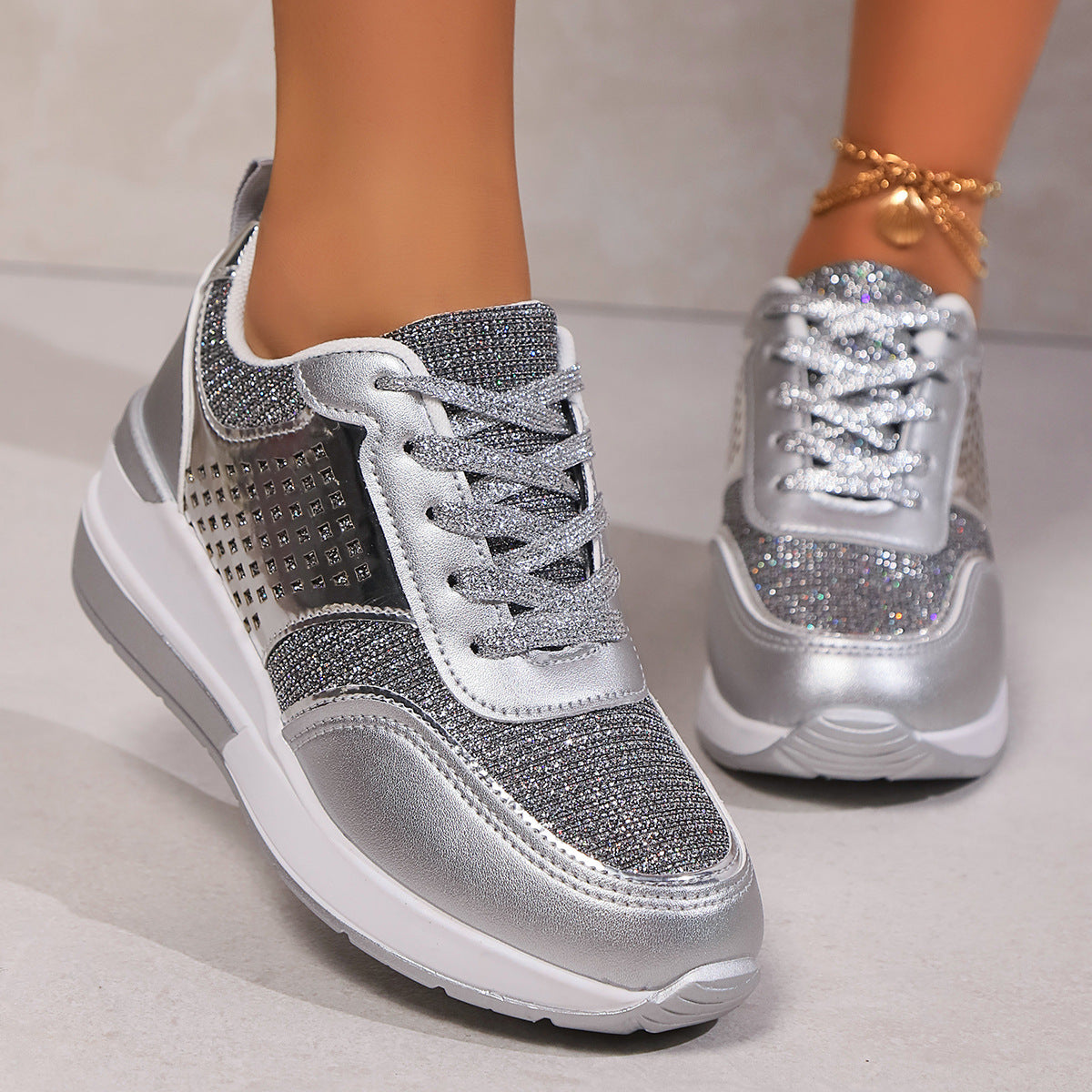 Women's glitter lace-up wedge heels sneakers - Lightweight shiny shoes for parties, weddings