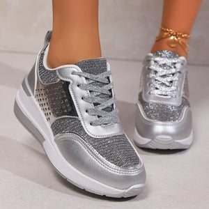 Women's glitter lace-up wedge heels sneakers - Lightweight shiny shoes for parties, weddings