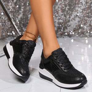 Women's glitter lace-up wedge heels sneakers - Lightweight shiny shoes for parties, weddings