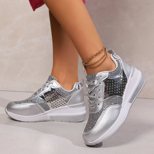 Women's glitter lace-up wedge heels sneakers - Lightweight shiny shoes for parties, weddings