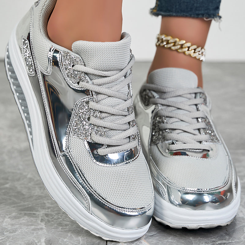 silver Women's glitter metallic platform wedge sneakers