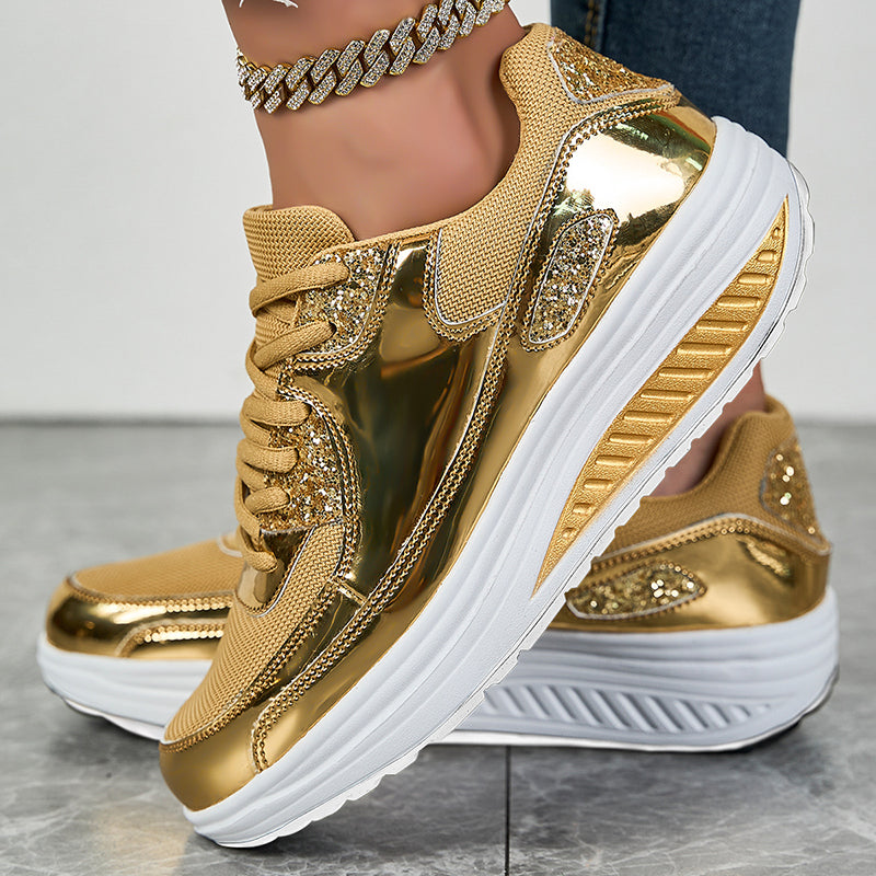 gold Women's glitter metallic platform wedge sneakers