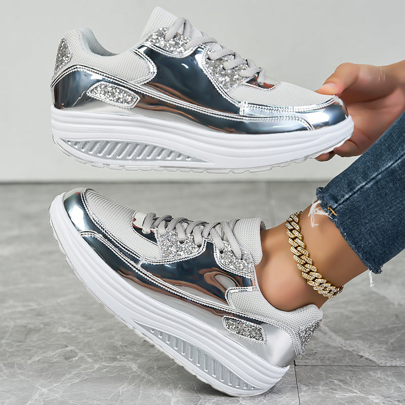 silver Women's glitter metallic platform wedge sneakers