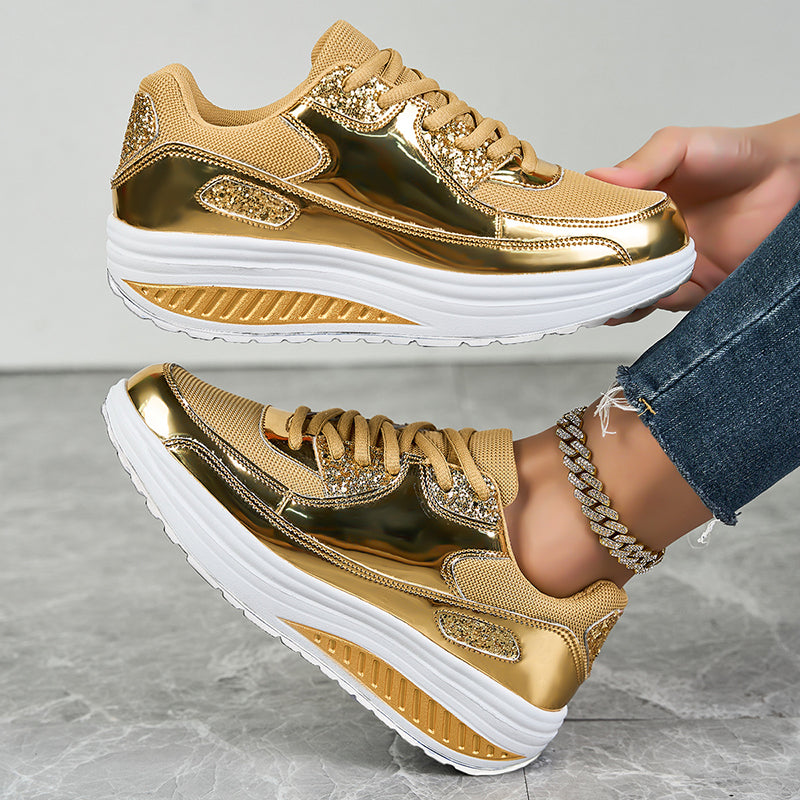 gold Women's glitter metallic platform wedge sneakers