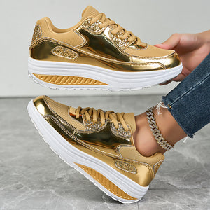 gold Women's glitter metallic platform wedge sneakers