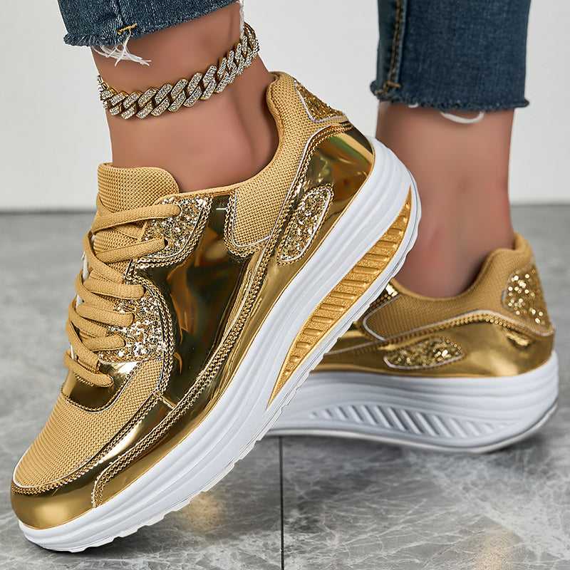 gold Women's glitter metallic platform wedge sneakers
