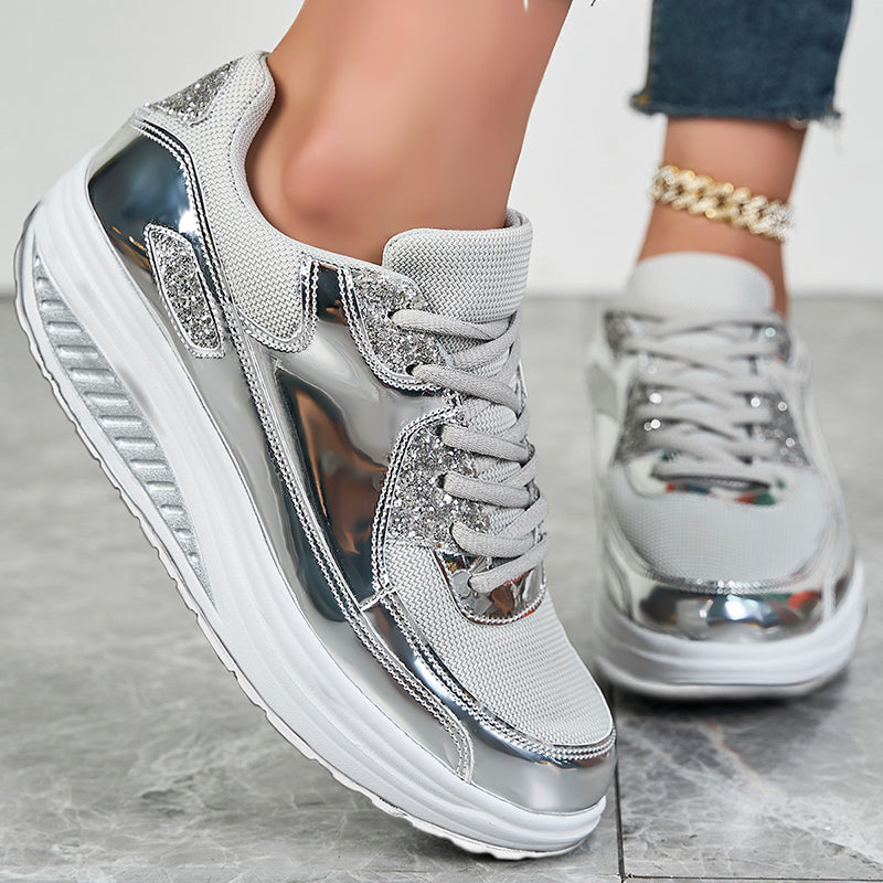 silver Women's glitter metallic platform wedge sneakers