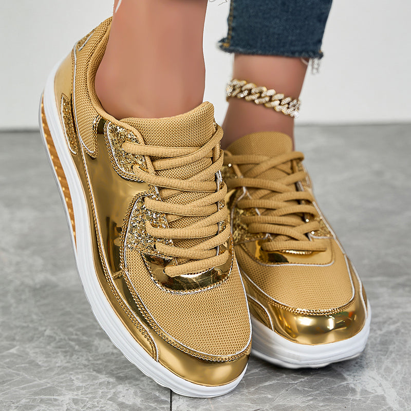 gold Women's glitter metallic platform wedge sneakers