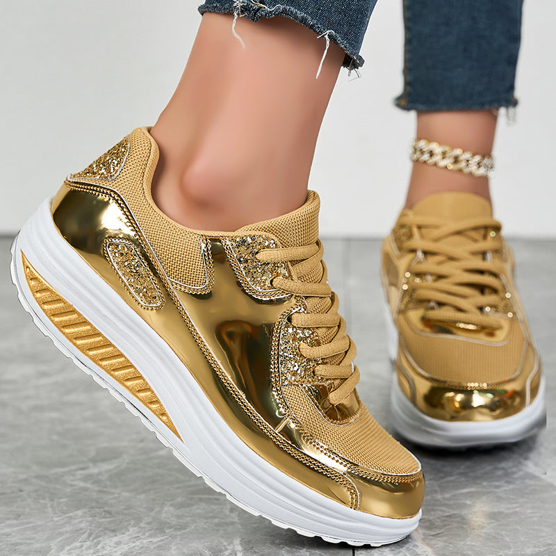 gold Women's glitter metallic platform wedge sneakers