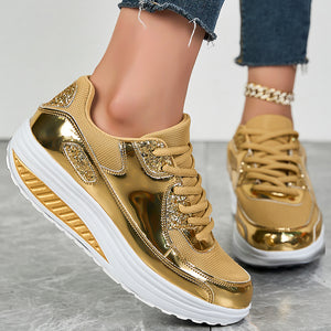 gold Women's glitter metallic platform wedge sneakers