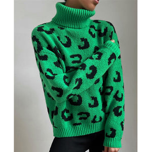 Women's green leopard turtleneck sweater for Christmas