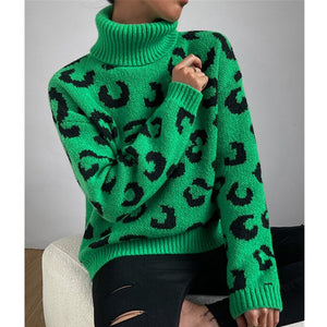 Women's green leopard turtleneck sweater for Christmas