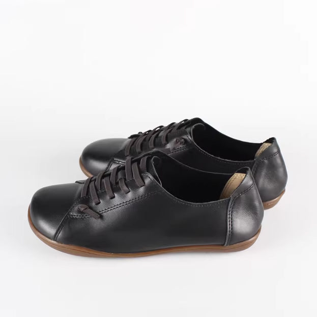 black Women's handmade genuine leather lace-up loafers comfortable walking for everyday