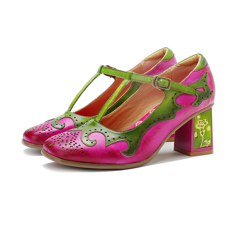 Women's handmade leather pink & green contrast T-strap Mary Jane pumps