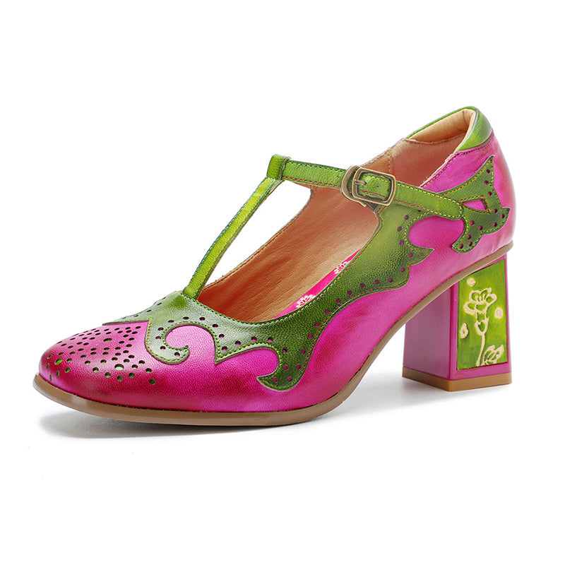 Women's handmade leather pink & green contrast T-strap Mary Jane pumps