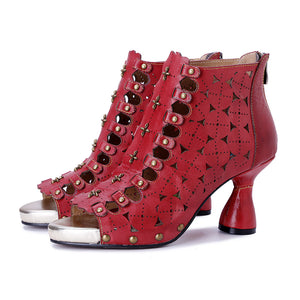 Women's handmade leather red peep toe summer booties