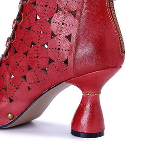 Women's handmade leather red peep toe summer booties