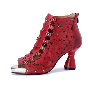 Women's handmade leather red peep toe summer booties