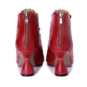Women's handmade leather red peep toe summer booties