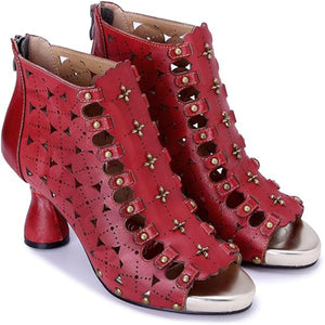 Women's handmade leather red peep toe summer booties