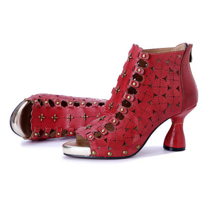 Women's handmade leather red peep toe summer booties