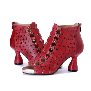 Women's handmade leather red peep toe summer booties