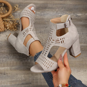 gray Women's hollowed-out peep toe chunky heels sandals