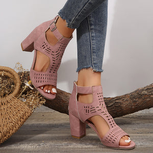 pink Women's hollowed-out peep toe chunky heels sandals