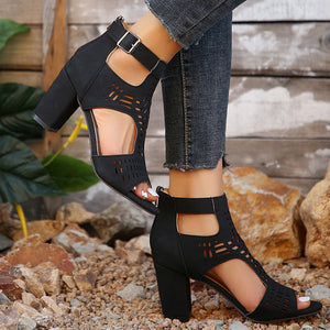 black Women's hollowed-out peep toe chunky heels sandals