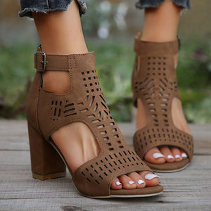 brown Women's hollowed-out peep toe chunky heels sandals