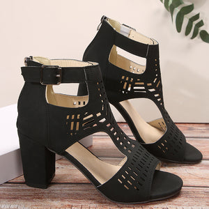 black Women's hollowed-out peep toe chunky heels sandals