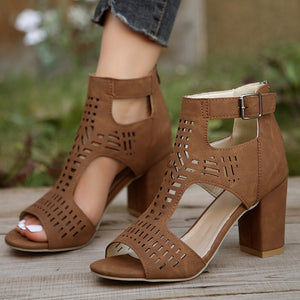 brown Women's hollowed-out peep toe chunky heels sandals